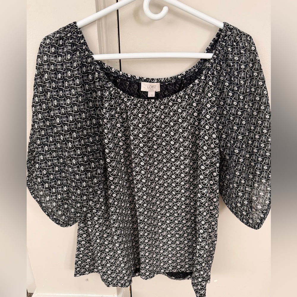 LOFT Black and White Scoop Neck Blouse with Bell Sleeves